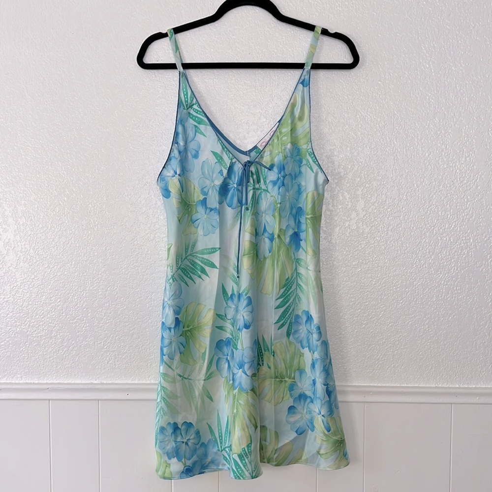 Vintage Oscar De La Renta blue floral mini babydoll Y2K dress slip L